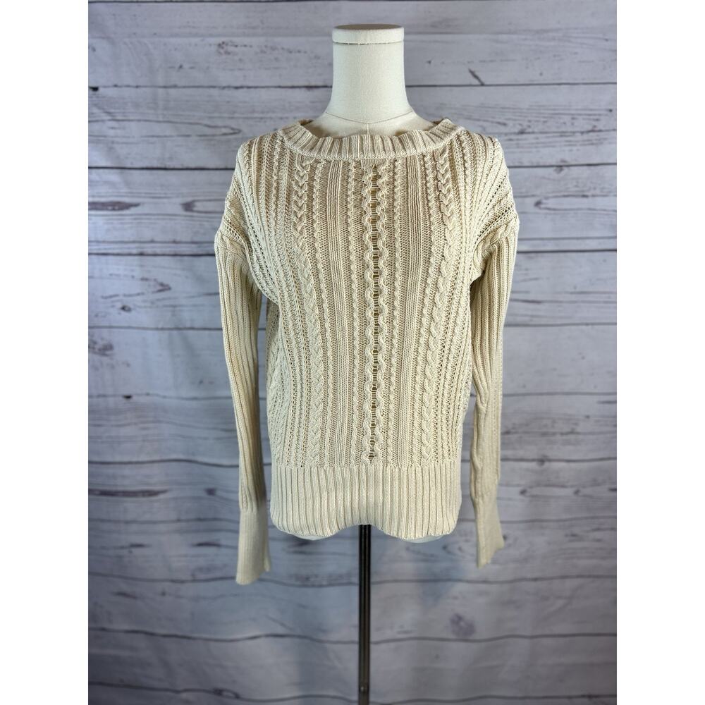 Title J.Crew Beige Cable Knit Pullover Sweater Womens M Preppy Shoulder Zip